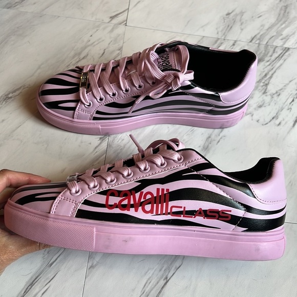 Roberto Cavalli Class pink black zebra trainer sneaker lace up size 39 9 shoe - Picture 6 of 10